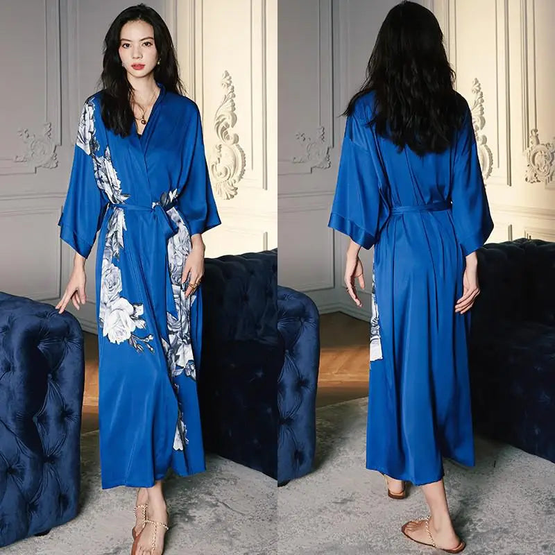 Royal Blue Satin Kimono Robe with Floral Print