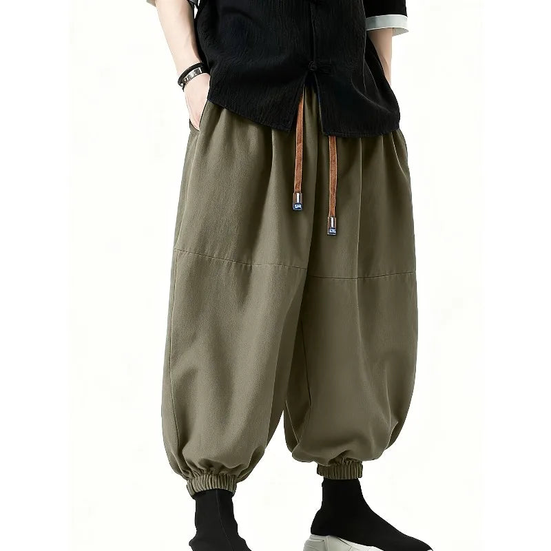 Men's Navy Blue Wide Leg Lantern Pants with Elastic Ankle