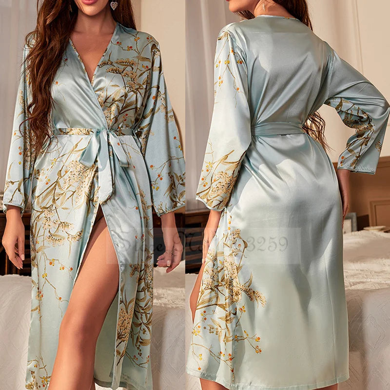 Women's Light Blue Silky Satin Kimono Robe