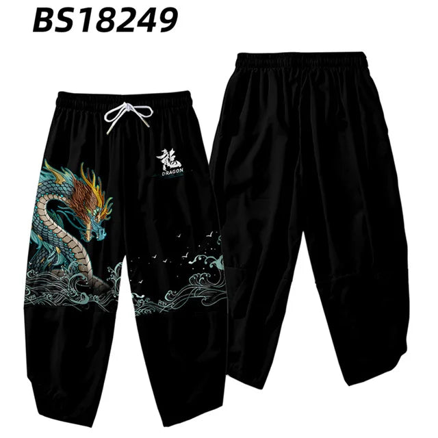 Unisex Loose Black Dragon Print Joggers