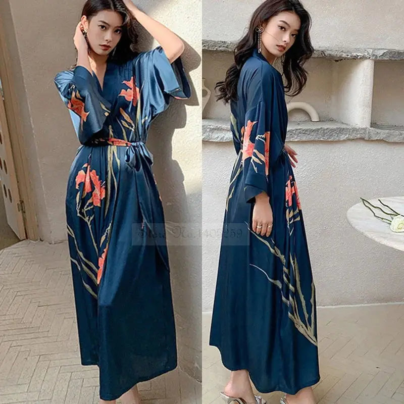 Women's Silky Teal Kimono Wrap Dress with Floral Print