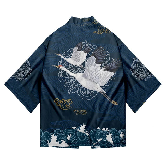 Dark Blue Haori Jacket with Flying Cranes