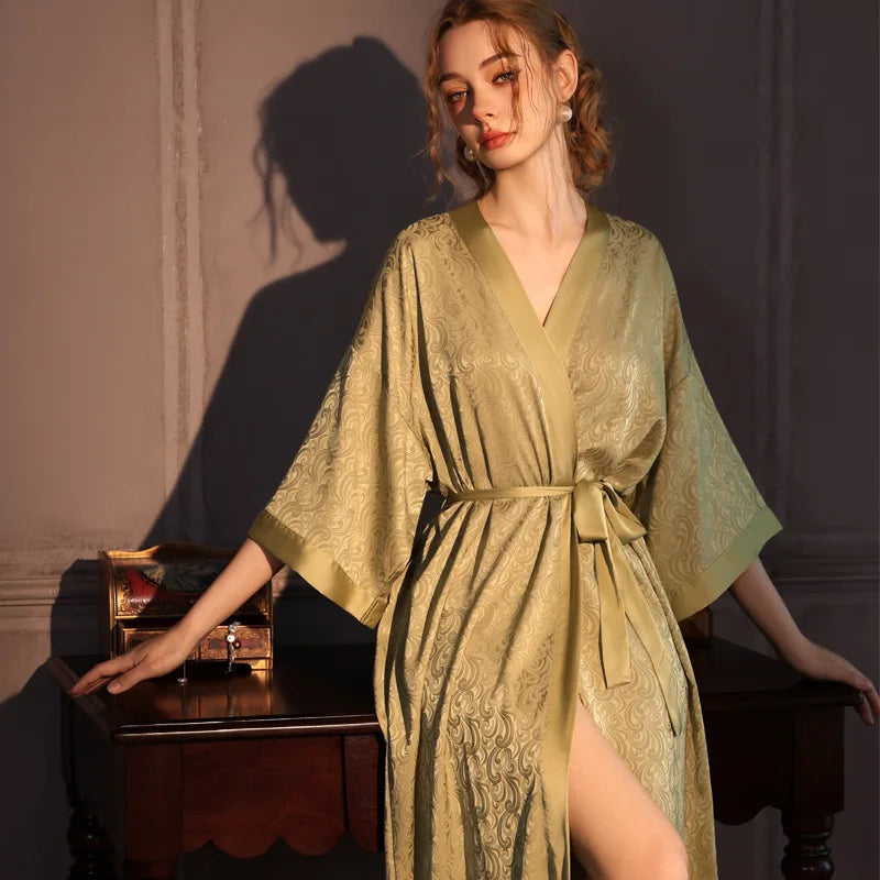 Women's Olive Green Jacquard Kimono Robe