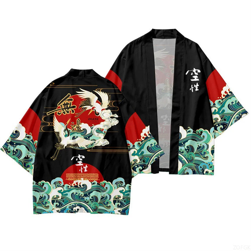Black Haori Kimono Jacket with Crane and Wave Print