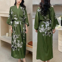 Women's Olive Green Floral Satin Kimono Robe