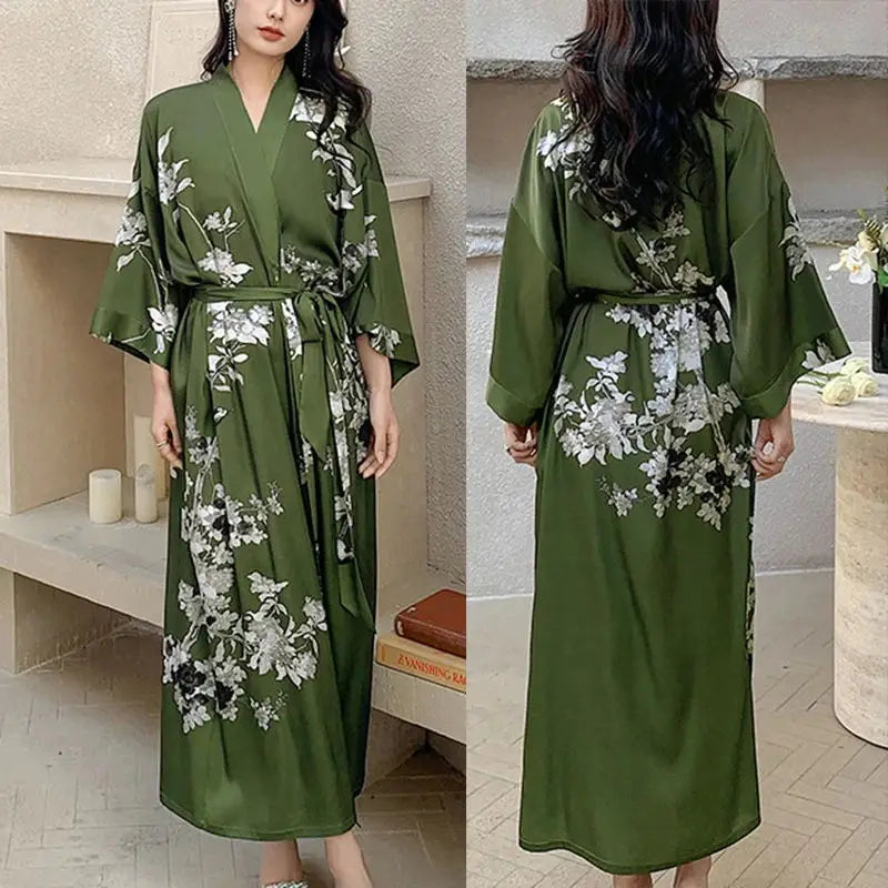 Women's Olive Green Floral Satin Kimono Robe