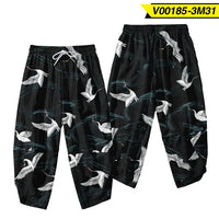 Unisex Black Crane Print Ankle Pants
