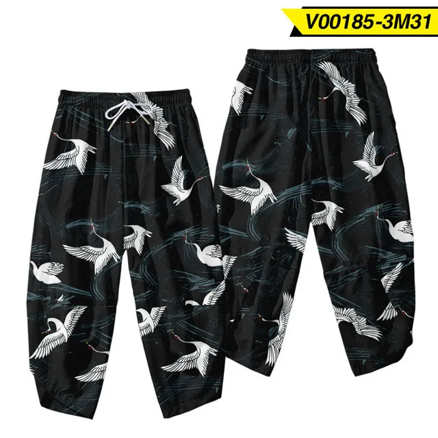 Unisex Black Crane Print Ankle Pants