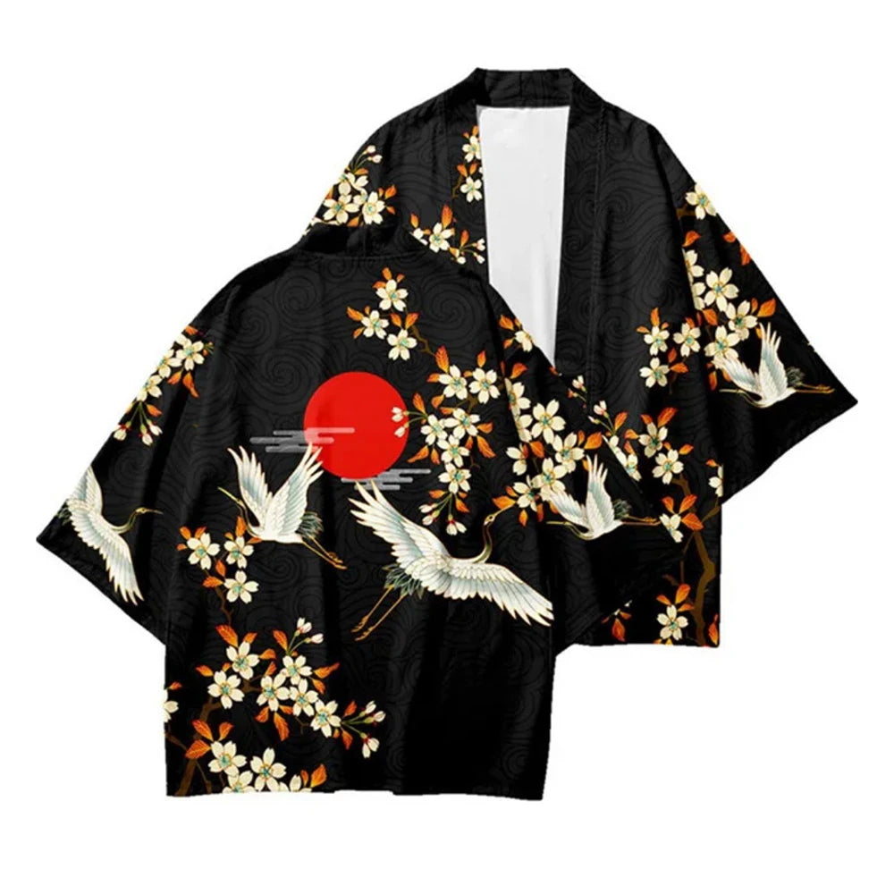 Japanese Kimono Jacket with Cranes and Red Sun