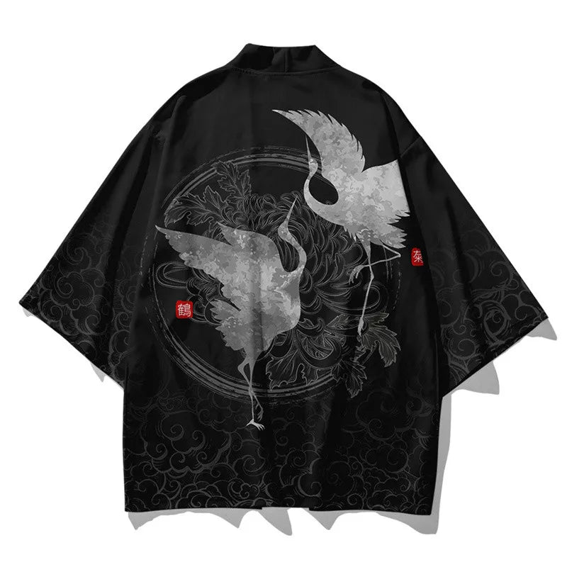 Black Kimono Cardigan with Great Wave and Dragon