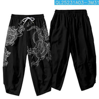 Black Dragon Print Cropped Harem Pants