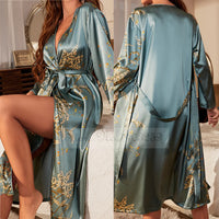 Dusty Blue Satin Kimono Robe with Gold Floral Pattern