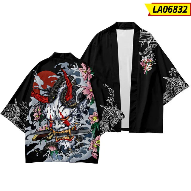 Unisex Black Kimono Cardigan with Hannya Mask Print