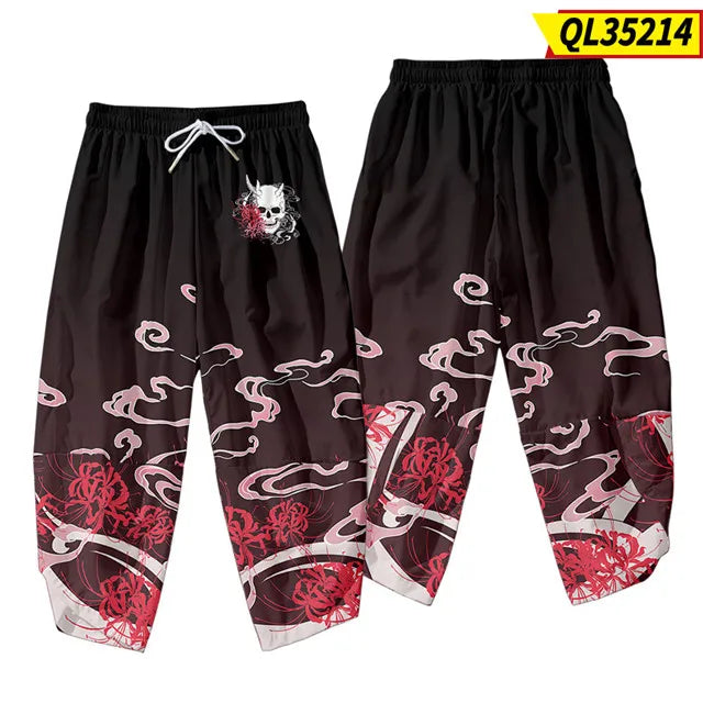 Unisex Black Skull and Spider Lily Loose Pants