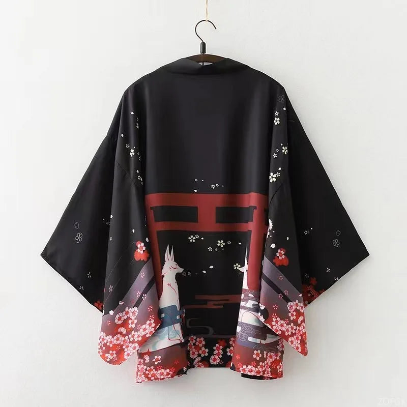 Black Kitsune & Sakura Kimono Cardigan