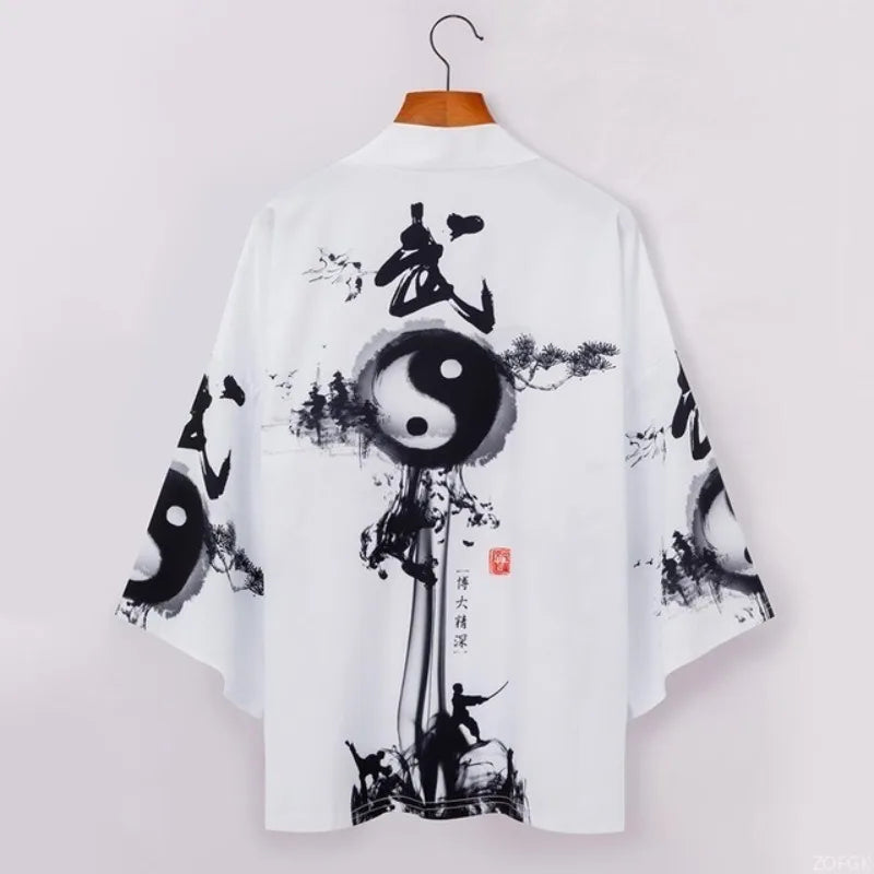 White Ink Wash Yin Yang Kimono Cardigan