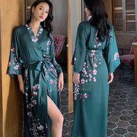 Long Emerald Green Floral Kimono Robe