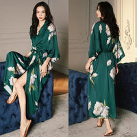 Forest Green Floral Satin Kimono Robe