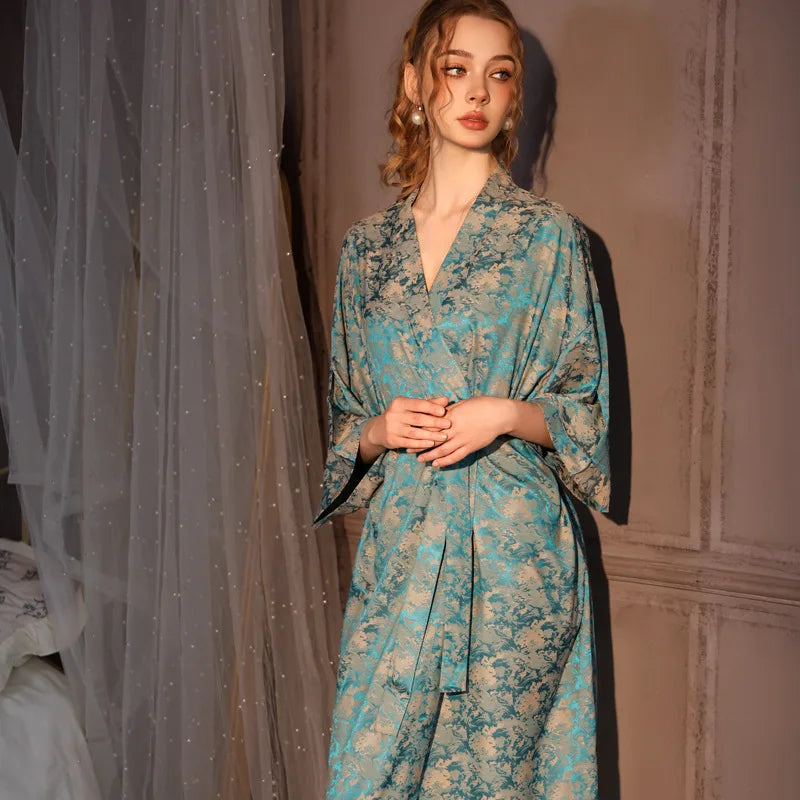Women's Teal Beige Floral Kimono Robe