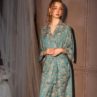 Women's Teal Beige Floral Kimono Robe