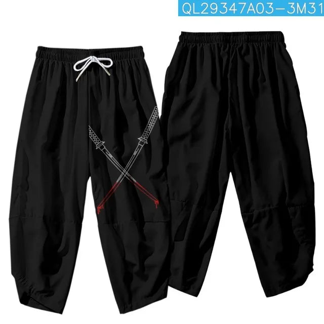 Men's Black Cropped Jogger Pants with Katana Graphic