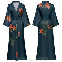 Women's Olive Green Floral Satin Kimono Robe