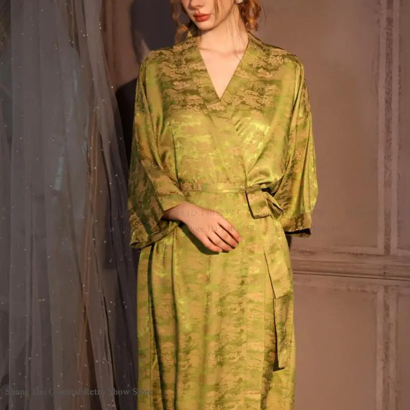 Women's Olive Jacquard Satin Kimono Robe