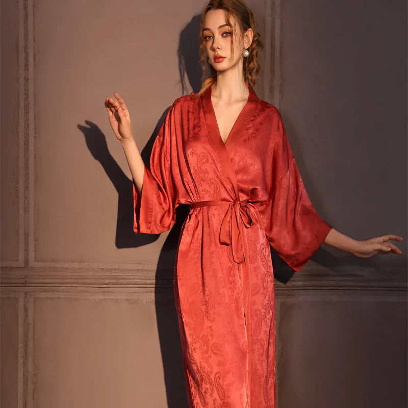 Burnt Orange Paisley Satin Kimono Robe
