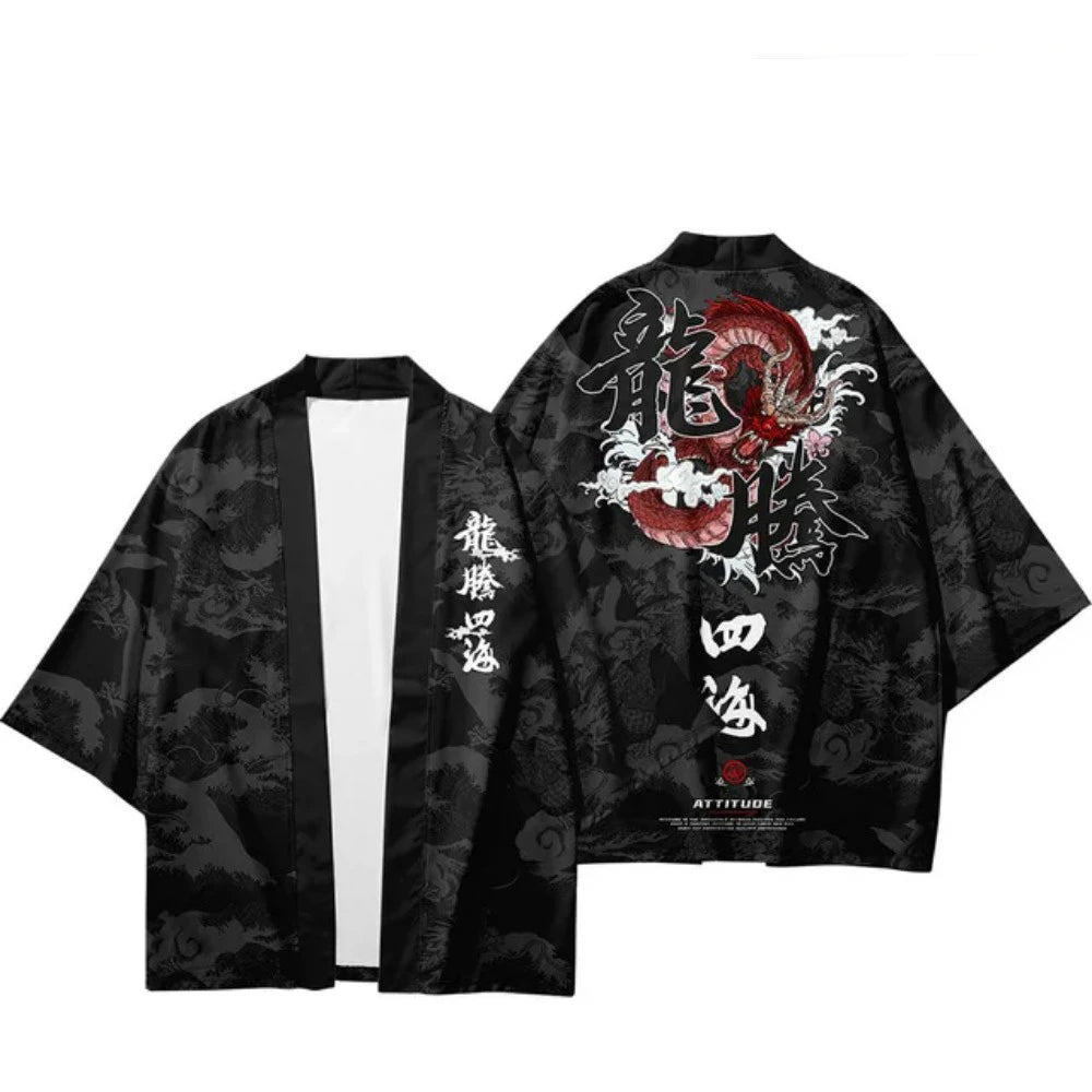 Black Haori Jacket with Red Dragon Calligraphy