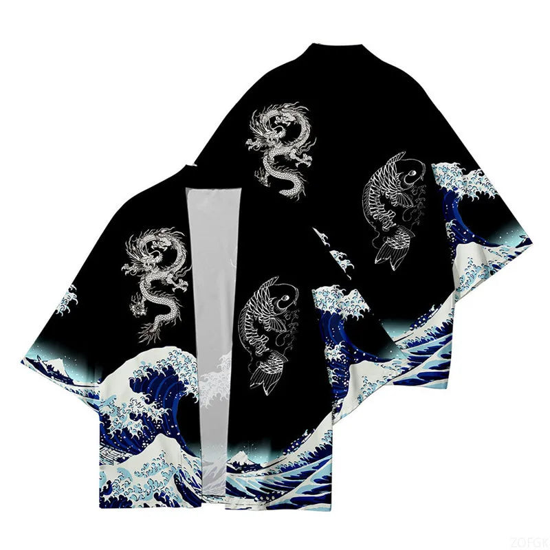 Black Kimono Cardigan with Dragon, Koi & Wave Print