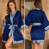 Short Navy Blue Satin Kimono Robe with Ornate Trim
