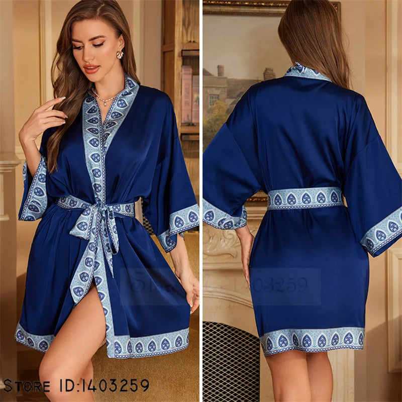 Short Navy Blue Satin Kimono Robe with Ornate Trim