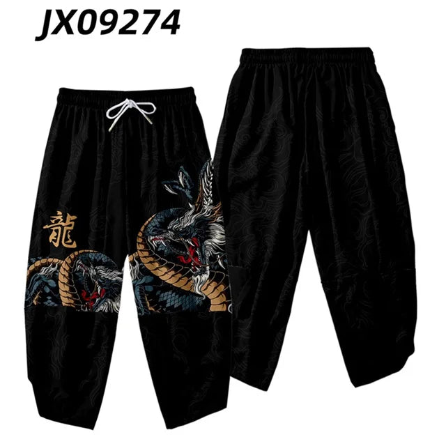 Black Cropped Harem Pants with Dragon Kanji Graphic