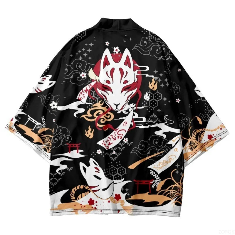 Japanese Kimono Cardigan with Kitsune Fox Mask