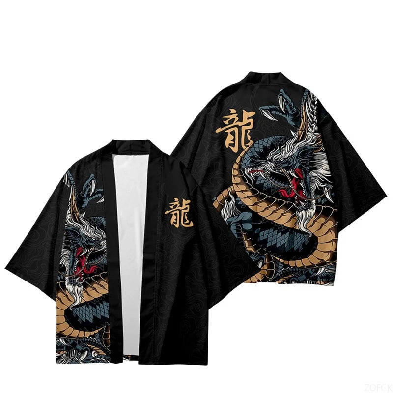 Black Dragon Print Kimono Jacket