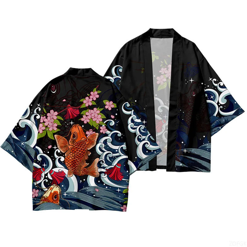 Black Kimono with Japanese Koi Fish and Sakura