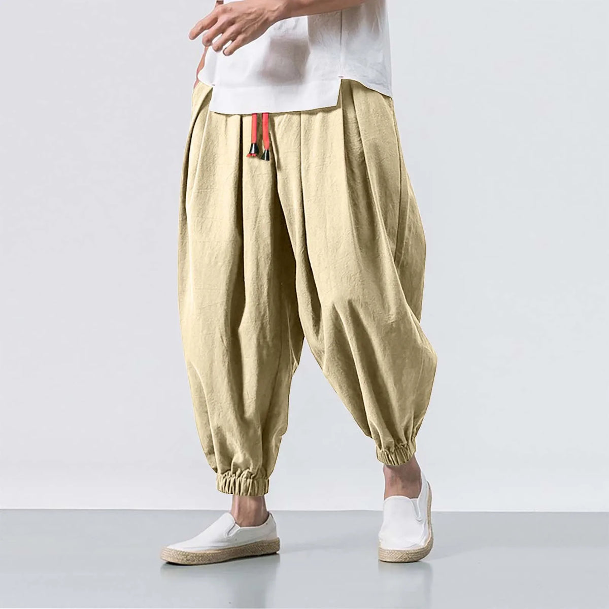 Men's Khaki Linen Blend Harem Pants with Elastic Cuffs