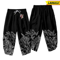 Black Baggy Dragon Print Pants with Hannya Embroidery