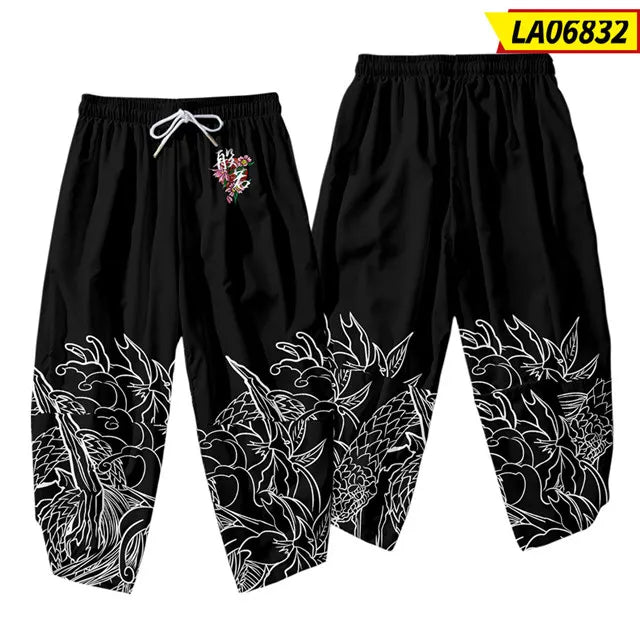 Black Baggy Dragon Print Pants with Hannya Embroidery