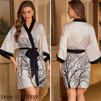 Cream Satin Kimono Wrap Dress with Tree Print