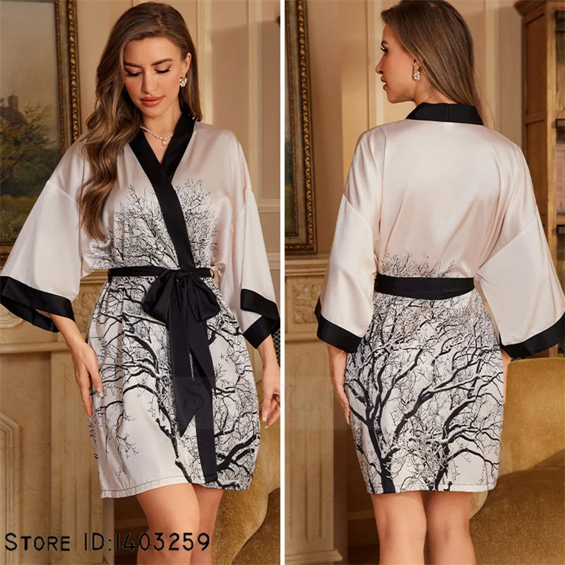 Cream Satin Kimono Wrap Dress with Tree Print