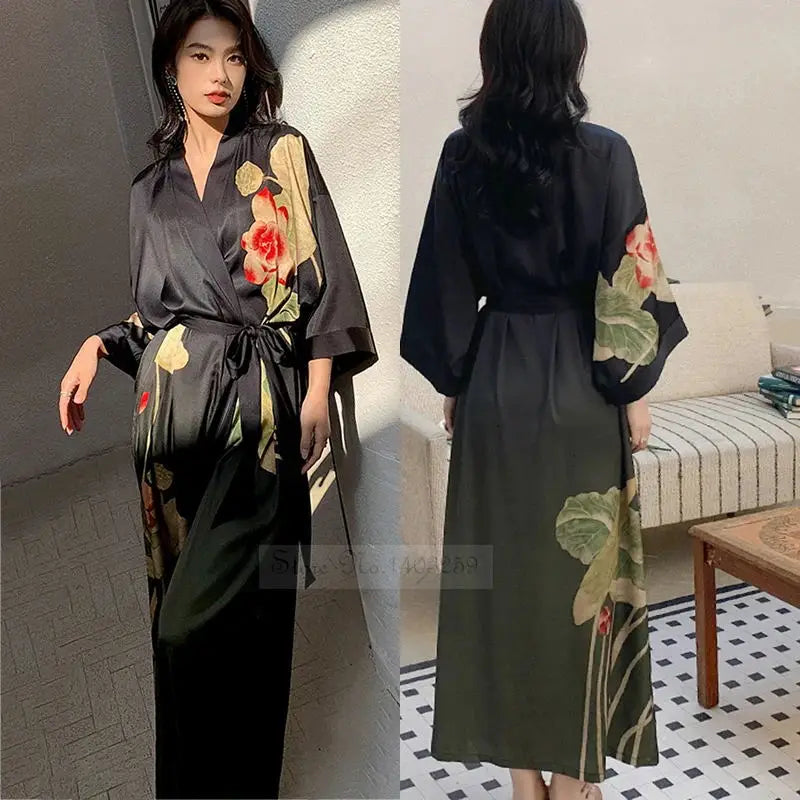 Elegant Black Satin Kimono Robe with Floral Print
