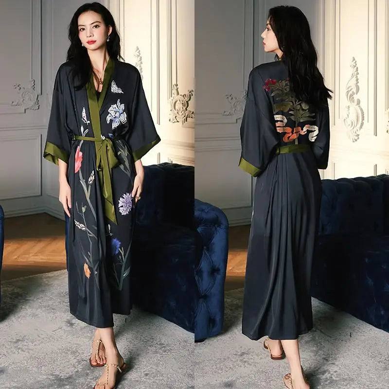 Charcoal Floral Silk Kimono Robe with Green Trim