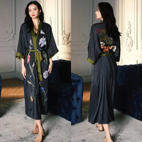Charcoal Floral Silk Kimono Robe with Green Trim