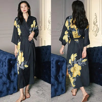 Elegant Black Kimono Robe with Yellow Floral Pattern