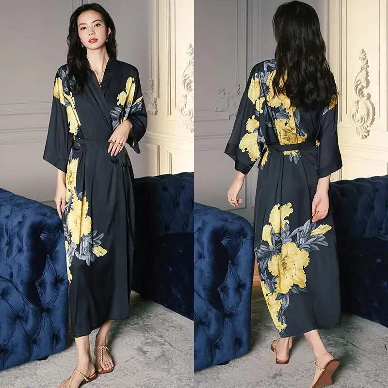 Elegant Black Kimono Robe with Yellow Floral Pattern