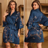 Deep Teal Satin Kimono Robe with Floral Bird Print