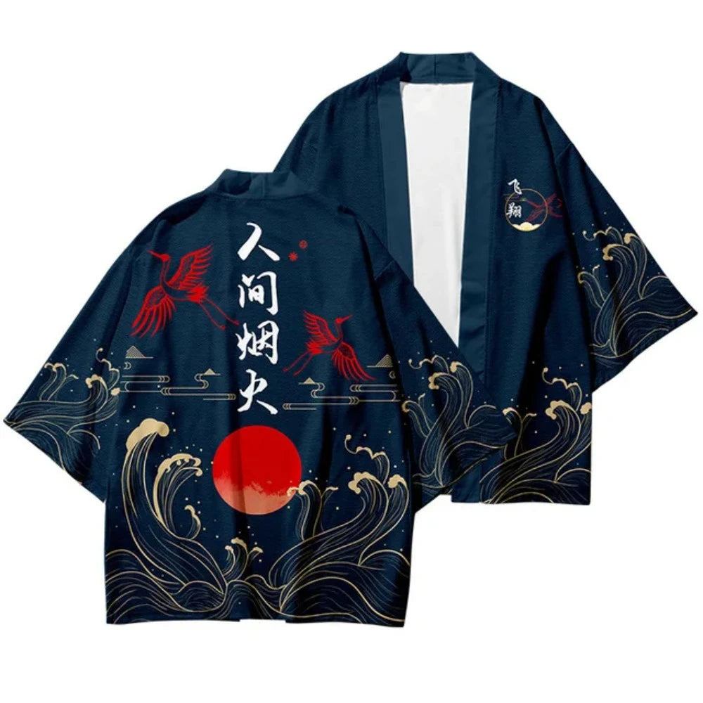 Dark Blue Haori Jacket with Red Cranes & Waves