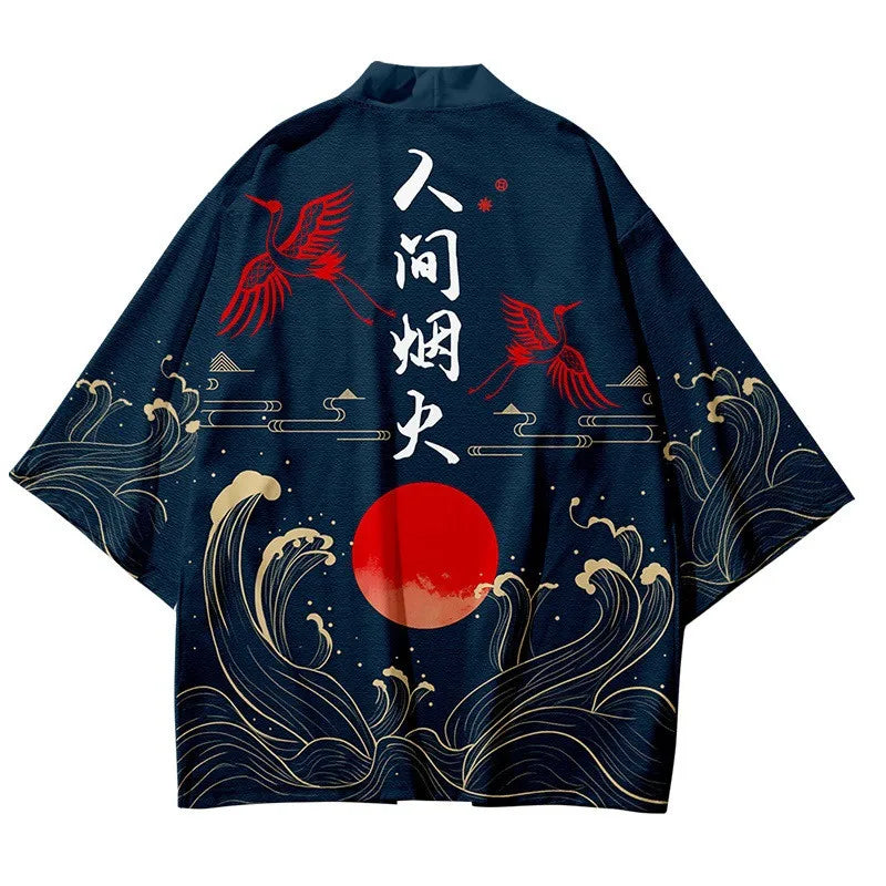 Black Kimono Cardigan with Great Wave and Dragon