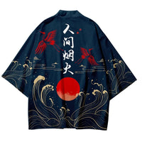 Black Kimono Cardigan with Great Wave and Dragon